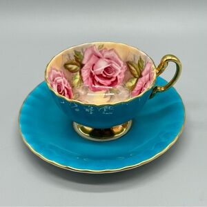 Aynsley England Bone China Pink Cabbage Rose 1031 Blue Cup & Saucer Set